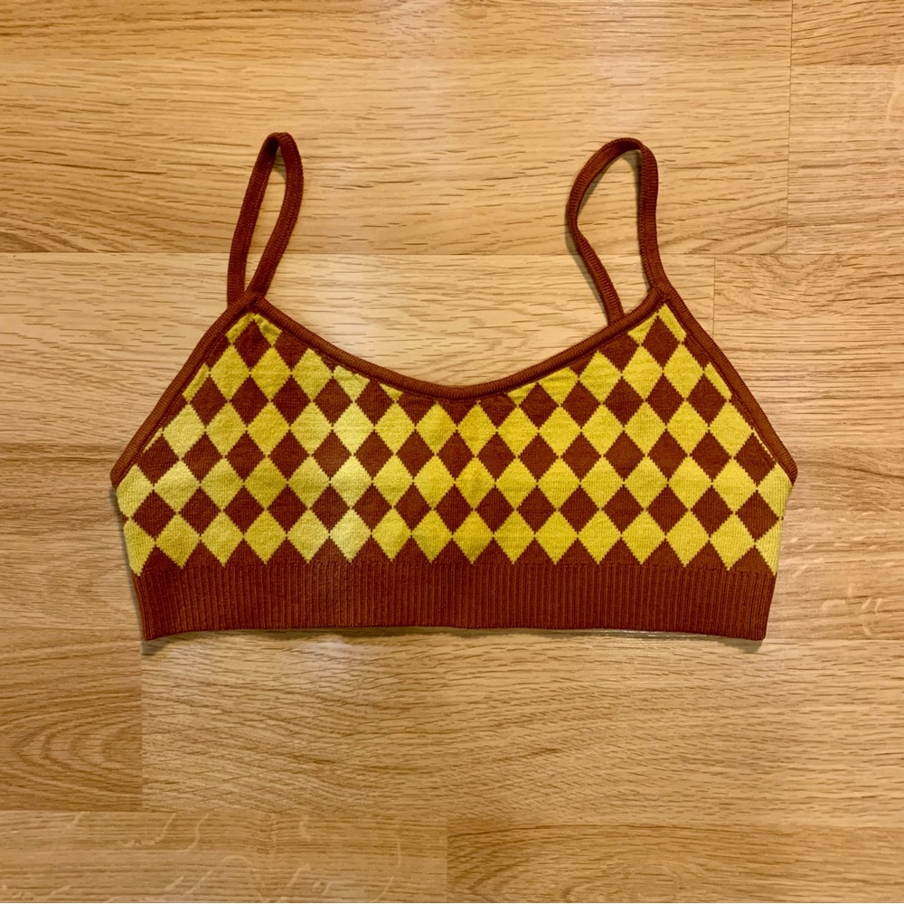 Brown and Yellow Checkered Knit Top Size Small